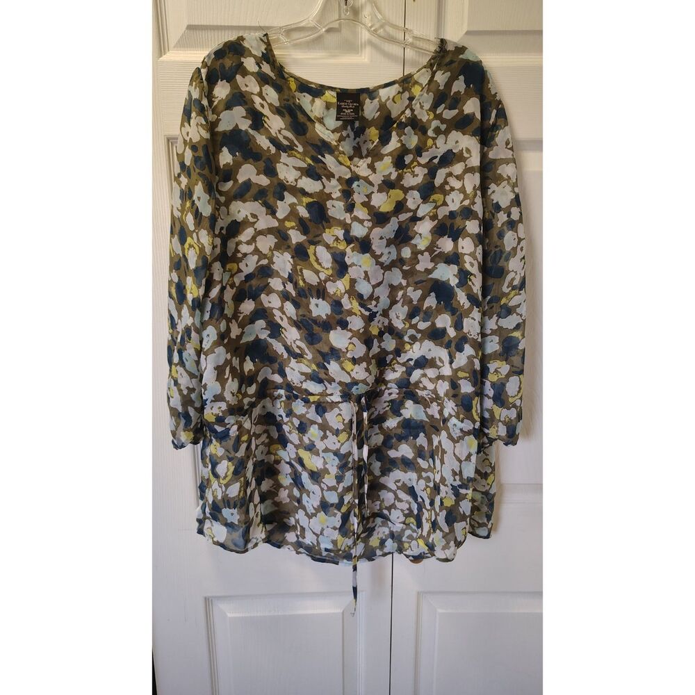 Faded Glory XXL Abstract Watercolor Floral Sheer Drawstring Peasant Blouse
